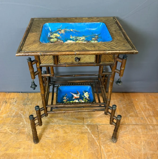 Napoleon III Table In Bamboo And Choisy Le Roi Earthenware, 19th Century