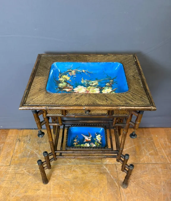 Napoleon III Table In Bamboo And Choisy Le Roi Earthenware, 19th Century