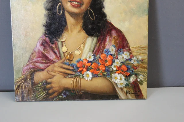 Óleo sobre lienzo "La Gitane Au Bouquet" por Alain David — Muy buen estado