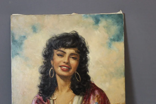 Óleo sobre lienzo "La Gitane Au Bouquet" por Alain David — Muy buen estado