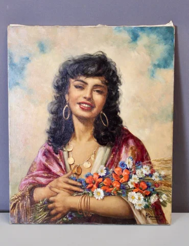 Óleo sobre lienzo "La Gitane Au Bouquet" por Alain David — Muy buen estado