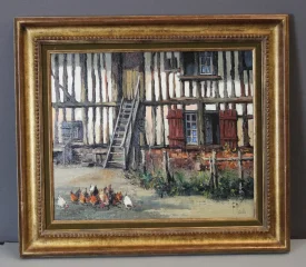 Huile op doek "Cour De Ferme aux Poules" door Claude