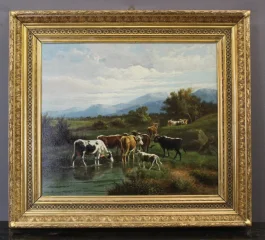 Óleo sobre tela, "Vaches au Pâturage" de Giovanni Milone, 108/115 cm, siglo XIX