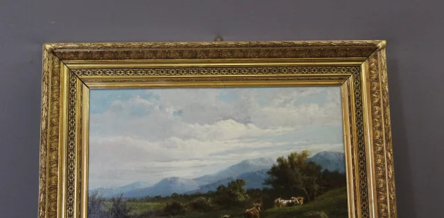 Óleo sobre tela, "Vaches au Pâturage" de Giovanni Milone, 108/115 cm, siglo XIX — Muy buen estado
