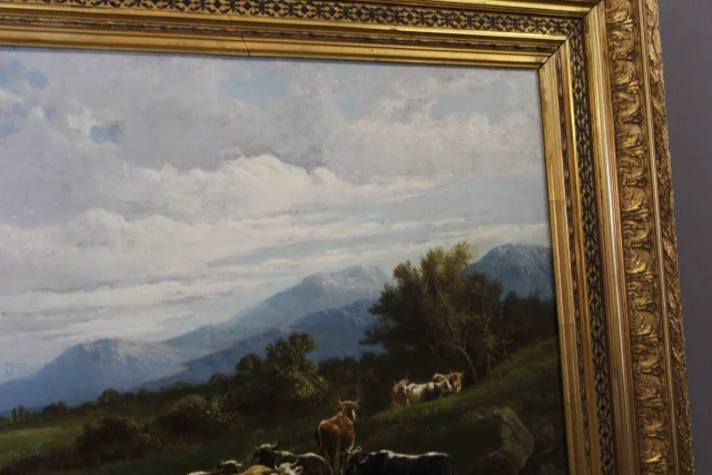 Óleo sobre tela, "Vaches au Pâturage" de Giovanni Milone, 108/115 cm, siglo XIX — Muy buen estado
