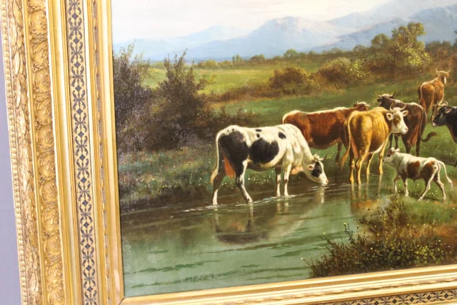 Óleo sobre tela, "Vaches au Pâturage" de Giovanni Milone, 108/115 cm, siglo XIX — Muy buen estado