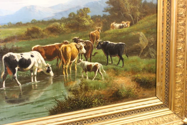 Óleo sobre tela, "Vaches au Pâturage" de Giovanni Milone, 108/115 cm, siglo XIX — Muy buen estado
