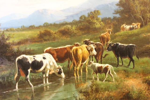 Óleo sobre tela, "Vaches au Pâturage" de Giovanni Milone, 108/115 cm, siglo XIX — Muy buen estado