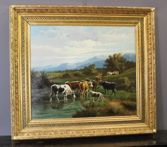 Óleo sobre tela, "Vaches au Pâturage" de Giovanni Milone, 108/115 cm, siglo XIX — Muy buen estado