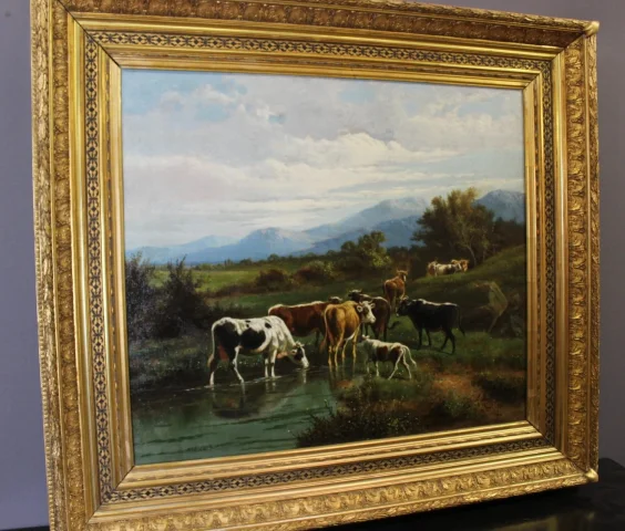 Óleo sobre tela, "Vaches au Pâturage" de Giovanni Milone, 108/115 cm, siglo XIX — Muy buen estado