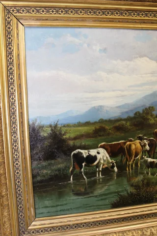 Óleo sobre tela, "Vaches au Pâturage" de Giovanni Milone, 108/115 cm, siglo XIX — Muy buen estado
