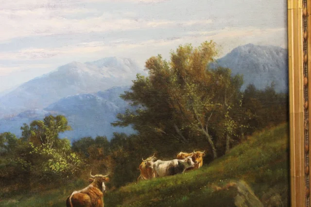 Óleo sobre tela, "Vaches au Pâturage" de Giovanni Milone, 108/115 cm, siglo XIX — Muy buen estado