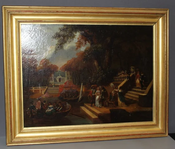 Olieverf op doek "La Fête Galante" door Chevallier, begin 19e eeuw — Goede staat