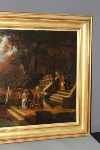 Olieverf op doek "La Fête Galante" door Chevallier, begin 19e eeuw — Goede staat