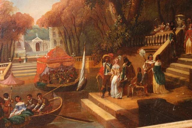 Olieverf op doek "La Fête Galante" door Chevallier, begin 19e eeuw — Goede staat