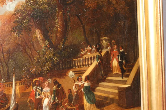 Olieverf op doek "La Fête Galante" door Chevallier, begin 19e eeuw — Goede staat