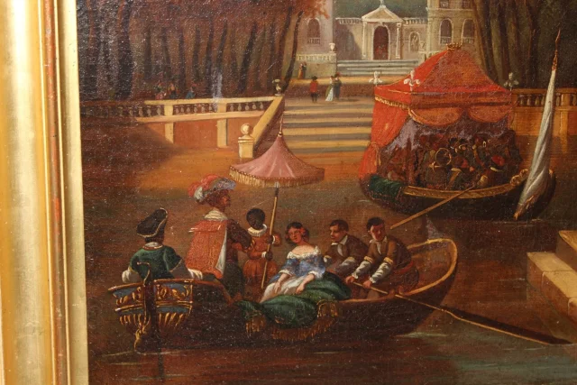 Olieverf op doek "La Fête Galante" door Chevallier, begin 19e eeuw — Goede staat