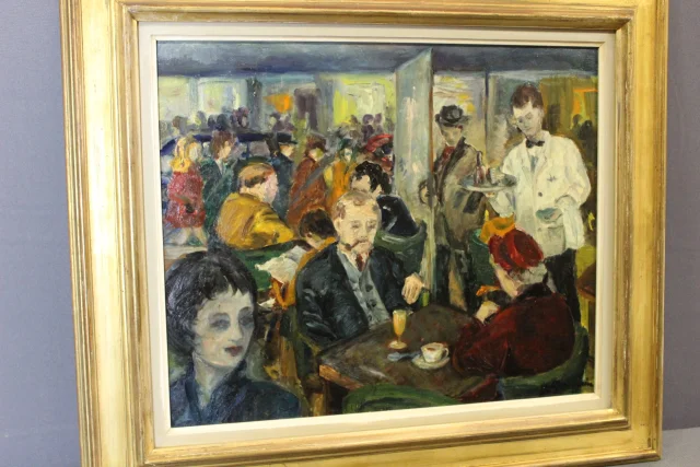 Olio su tavola "Café de Paris" di Henriette Germain — Ottimo stato