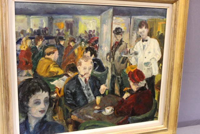 Olio su tavola "Café de Paris" di Henriette Germain — Ottimo stato