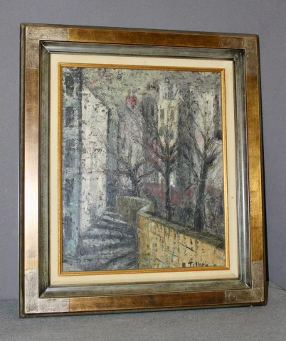 Olio su tavola, Veduta di una città, di R. Tillier, 1954 — Ottimo stato