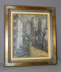 板絵（油彩）、市街の眺め、R・ティリエ作、1954年