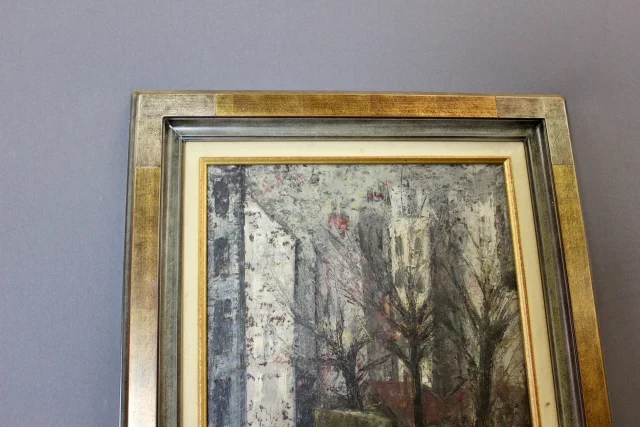 Olio su tavola, Veduta di una città, di R. Tillier, 1954 — Ottimo stato