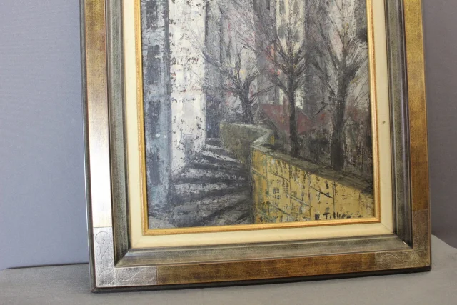 Olio su tavola, Veduta di una città, di R. Tillier, 1954 — Ottimo stato