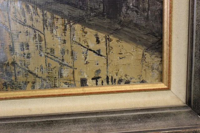 Olio su tavola, Veduta di una città, di R. Tillier, 1954 — Ottimo stato