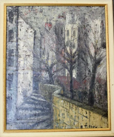 Olio su tavola, Veduta di una città, di R. Tillier, 1954 — Ottimo stato
