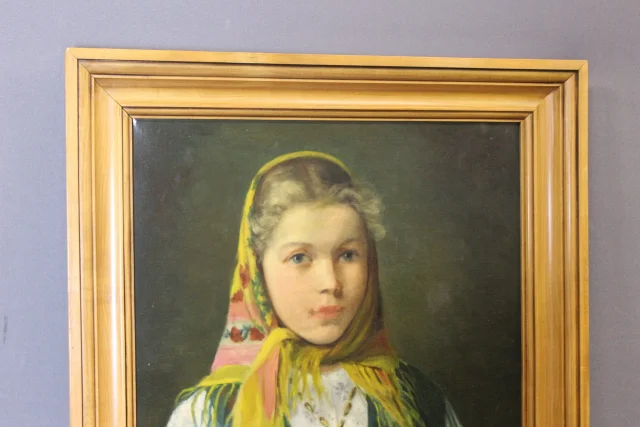 Olio su tela "Giovane ragazza con foulard", circa 1940 — Ottimo stato