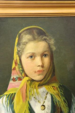 Olio su tela "Giovane ragazza con foulard", circa 1940 — Ottimo stato