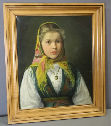 Olio su tela "Giovane ragazza con foulard", circa 1940 — Ottimo stato