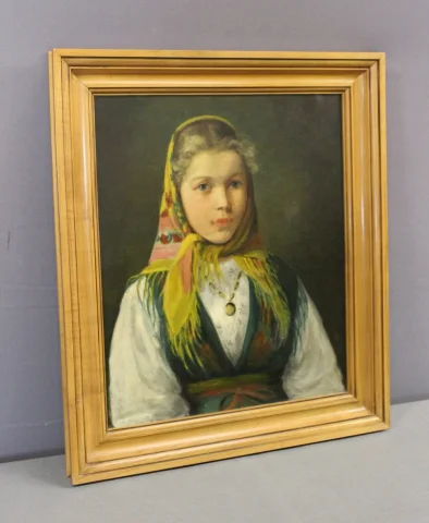 Olio su tela "Giovane ragazza con foulard", circa 1940 — Ottimo stato