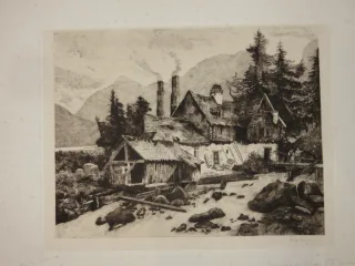 Maison au bord d'un Torrent, eau-forte époque début 20 ème.