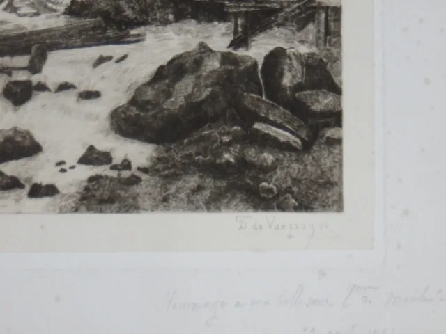 Maison au bord d'un torrent, eau-forte époque début 20 ème.