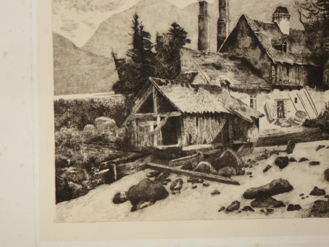 Maison au bord d'un torrent, eau-forte époque début 20 ème.
