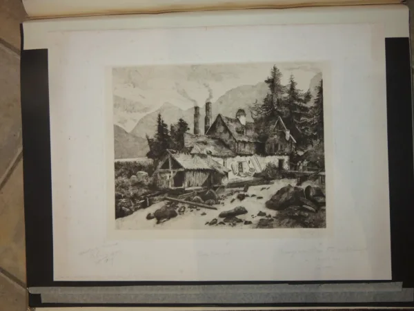 Maison au bord d'un Torrent, eau-forte époque début 20 ème.