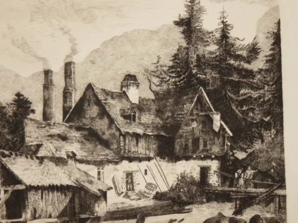 Maison au bord d'un Torrent, eau-forte époque début 20 ème.