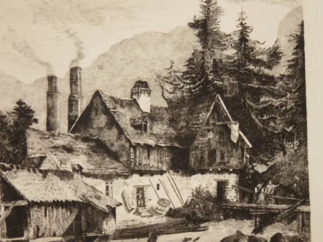 Maison au bord d'un torrent, eau-forte époque début 20 ème.