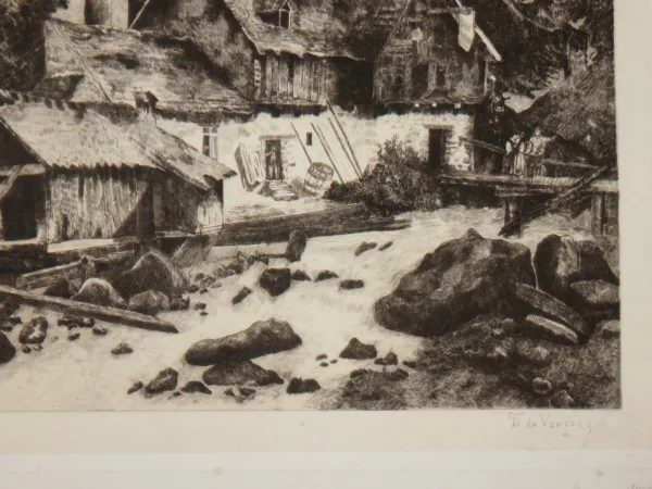 Maison au bord d'un Torrent, eau-forte époque début 20 ème.