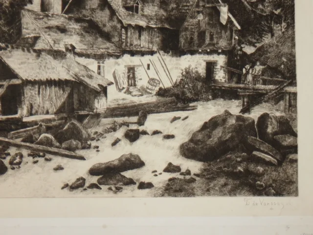 Maison au bord d'un torrent, eau-forte époque début 20 ème.