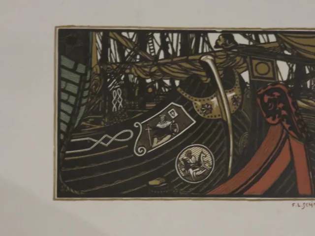 Bateau avec voiles, gravure époque 20ème.