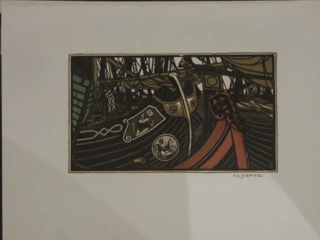 Bateau avec voiles, gravure époque 20ème.
