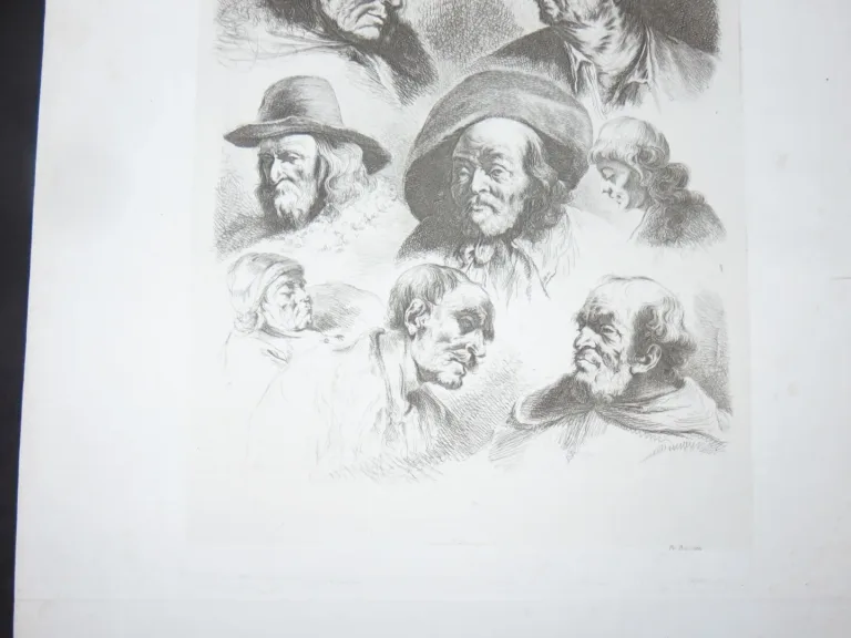 Têtes d'hommes, eau-forte époque 19ème.