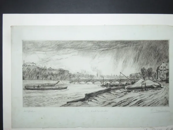 Le Pont des Arts, Paris, eau-forte époque début 20ème.