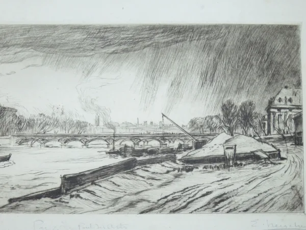 Le Pont des Arts, Paris, eau-forte époque début 20ème.