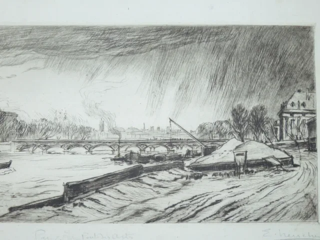 Le Pont des Arts, Paris, eau-forte époque début 20ème.