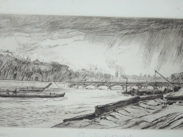 Le Pont des Arts, Paris, eau-forte époque début 20ème.