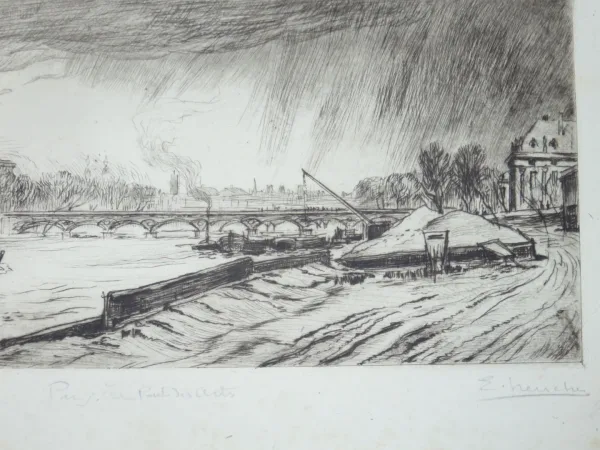 Le Pont des Arts, Paris, eau-forte époque début 20ème.