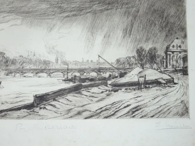Le Pont des Arts, Paris, eau-forte époque début 20ème.